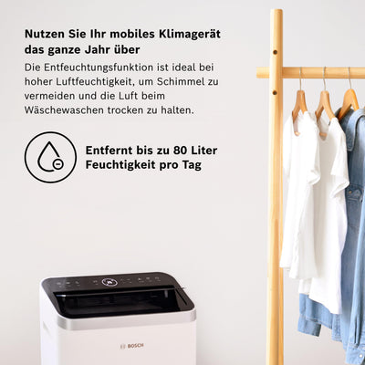 Bosch Cool 5000 mit Invertertechnologie Mobiles Klimagerät - 3-in-1: Klimagerät, Luftentfeuchter, Ventilator - 3,4 kW für Räume bis zu 46 m² - Mit Auto-Modus, Silent-Modus & Sleep-Modus