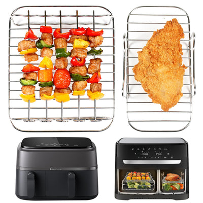 BYKITCHEN Heißluftfritteuse Zubehör für Philips Dual Basket 3000-Serie, 9L/Tefal 5,2/3,1 L Easy Fry, 2 Stück Luftfritteusenständer mit 5 Spießen,Air Fryer Zubehör für Tefal EY9018/Philips NA350/00