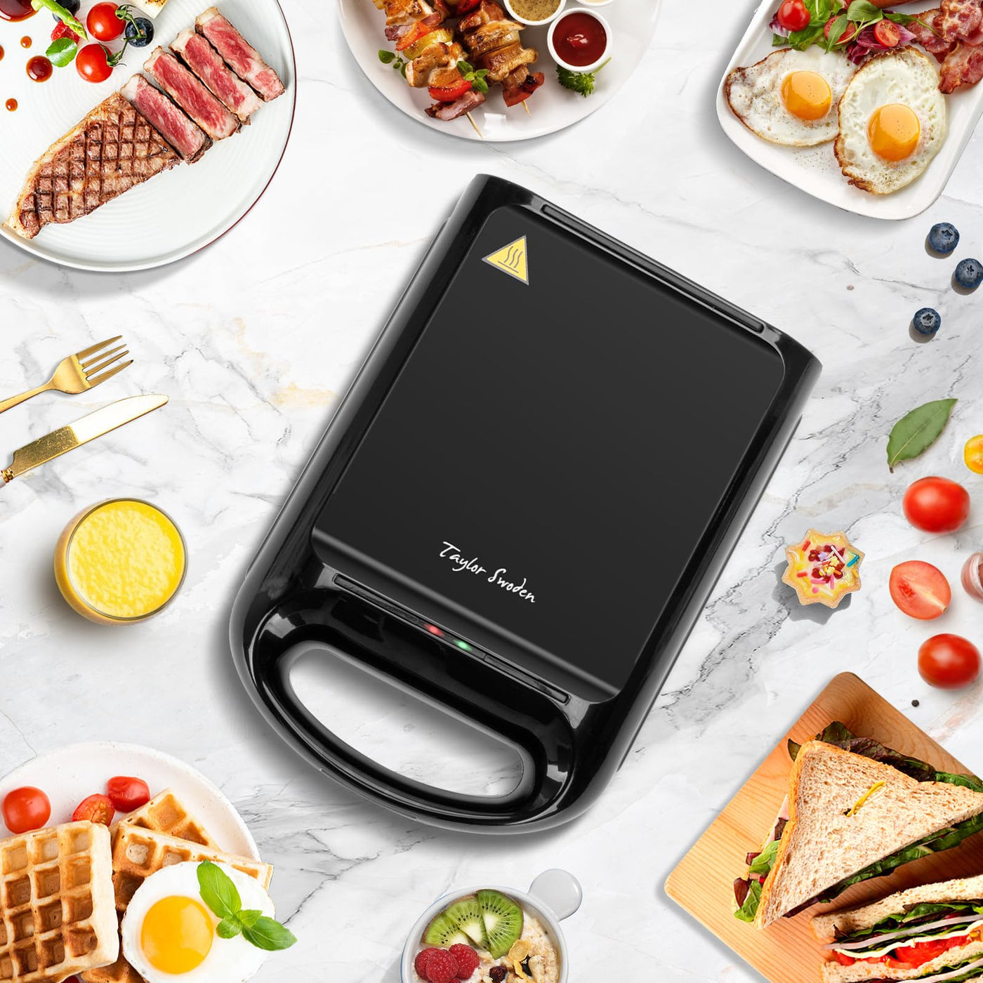 Taylor swoden - Bruno 3 in 1 Sandwichmaker, Waffeleisen, Backblech, 1200 W, für 4 Sandwiches, herausnehmbares Antihaft-Blech, 180° Wendung für schnelles und gleichmäßiges Backen, BPA-frei