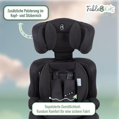 FableKids Kinderautositz | 3-Punkt-Sicherheitsgurt | Autokindersitz ab 15 M. | Autositz für Kinder 76-150 cm | Kindersitz einstellbare Kopfstütze | ECE R129/03 | Verstellbar 44,5x41x68-75cm | Schwarz