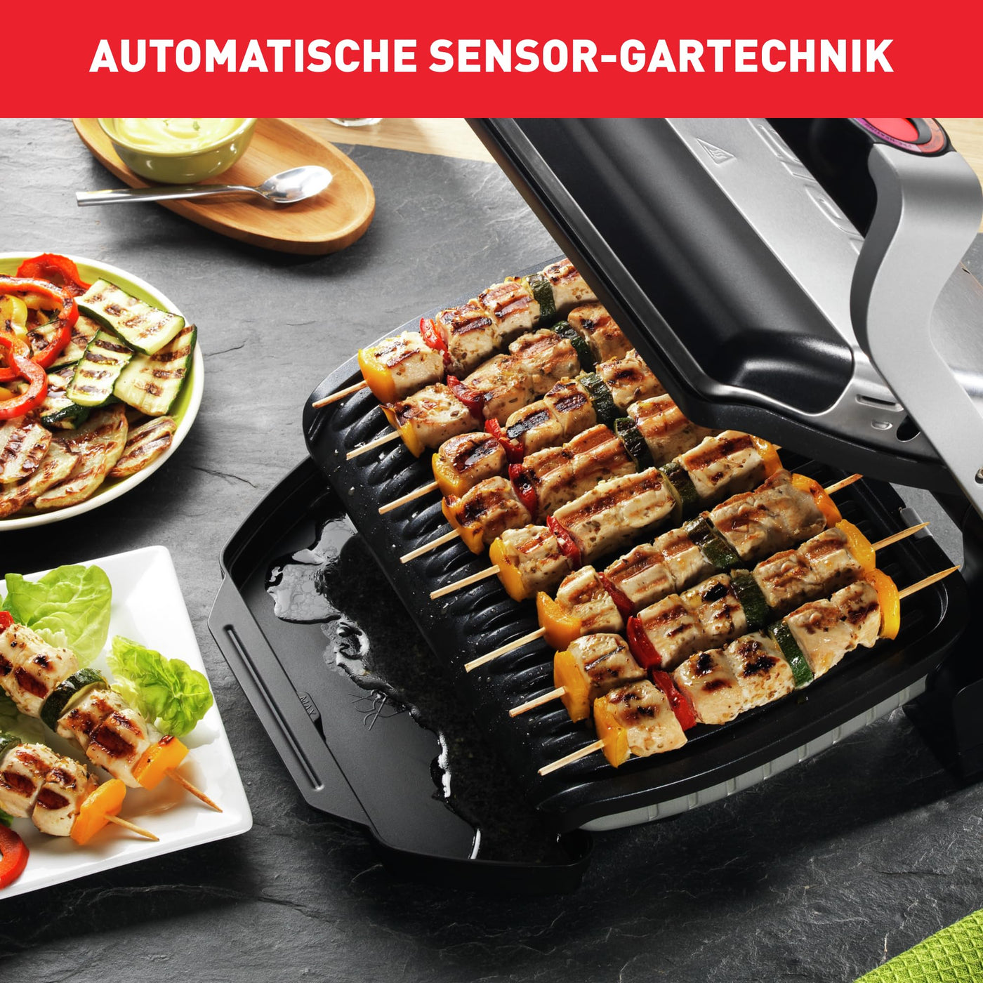 Tefal OptiGrill Kontaktgrill, 6 Programme, Garstufenanzeige, Abnehmbare Platten, Manueller Modus, Elektrogrill, Edelstahl, GC705D16