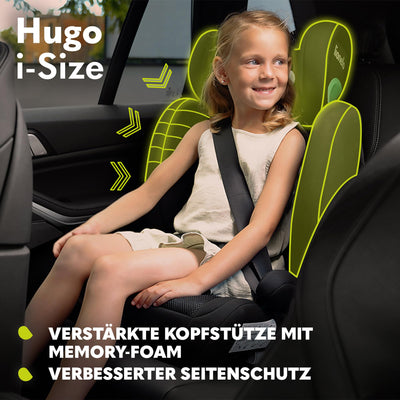 LIONELO HUGO I-SIZE Kinderautositz, Gruppe 2 3, von 100–150 cm, ISOFIX-Installation, verstellbare Kopfstütze, Memory-Schaum, Seitenschutz, bequeme Armlehnen