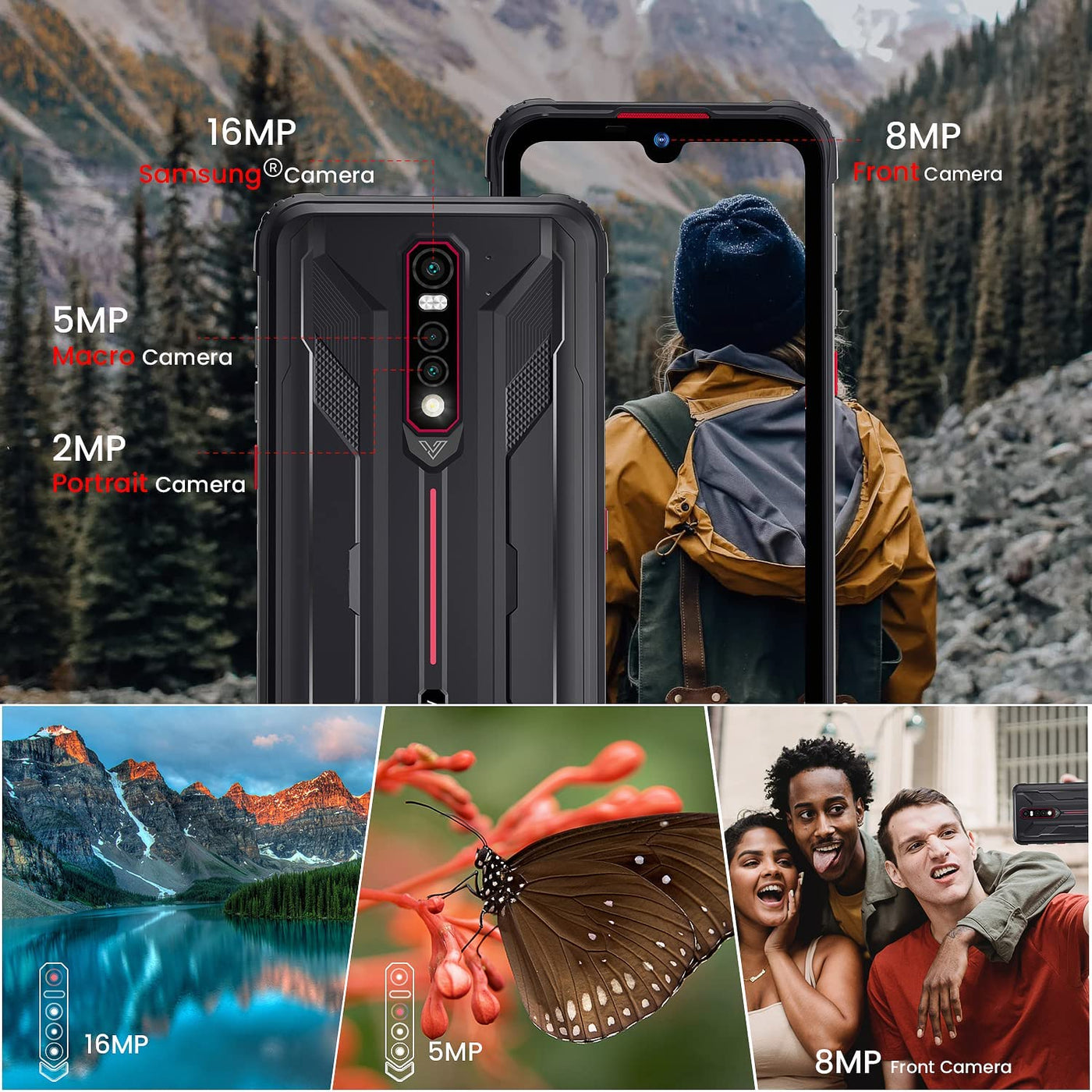 HOTWAV Cyber 8 Outdoor Handy ohne Vertrag 4G Robustes Smartphones Dual SIM,Android 11 8280mAh 6,3 Zoll IP68 IP69K Wasserdichter 16MP Triple Kamera 4GB+64GB (SD up to 256 GB),NEC/OTG/GPS/Face ID Rot