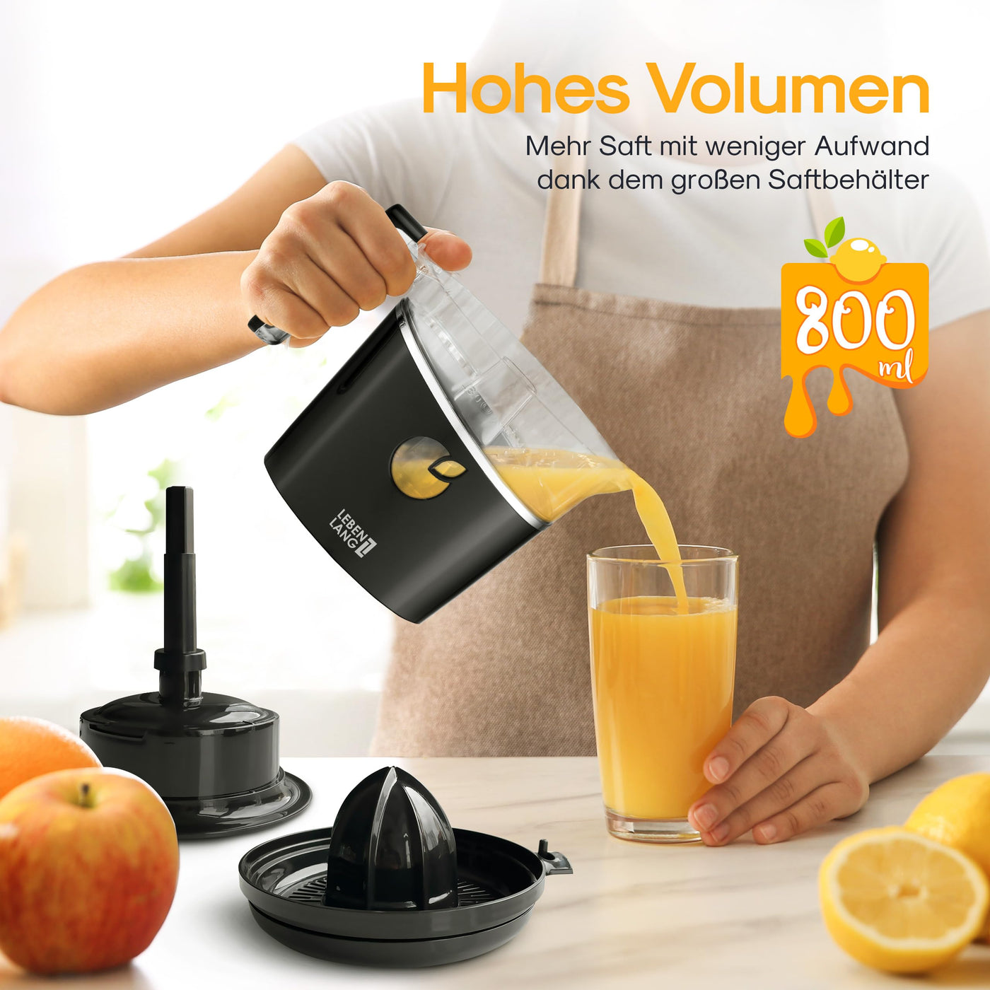 LEBENLANG Saftpresse elektrisch 800ml & Verstellbares Sieb - Orangenpresse, Zitruspresse, Zitronenpresse Obstpresse I Orangensaftpresse Citruspresse elektronisch Orange Juicer