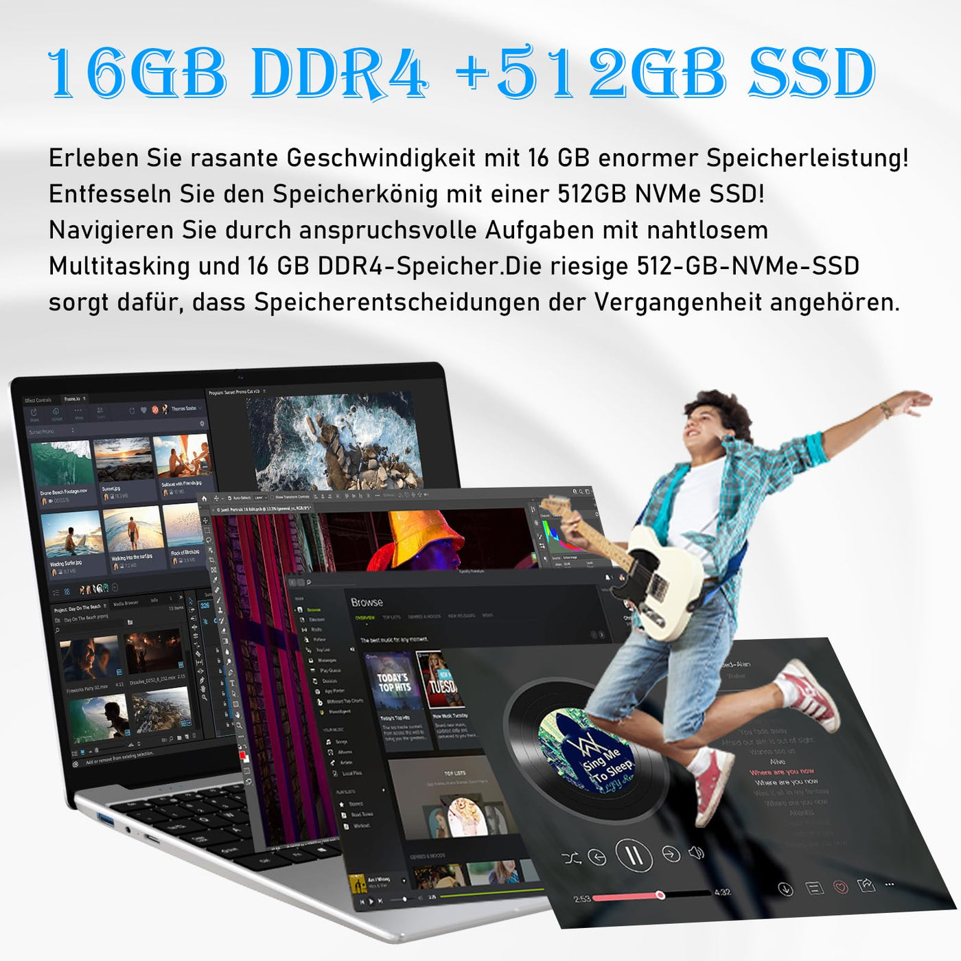 Auusda Laptop Computer with 16GB DDR4 512GB NVMe SSD, 15.6 Inch FHD IPS LCD, N95 Up to 3.4GHz with Fingerprint Unlock, Cooling Fan, Webcam, Dual Speakers, Mini HDMI, USB-A x 2, für Gamer-Notebook