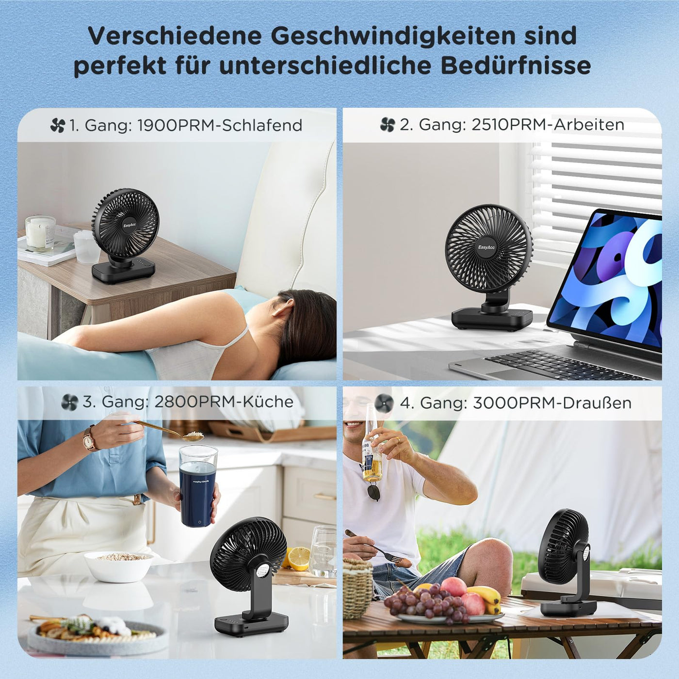 EasyAcc Tischventilator Batterie USB Ventilator 4000 Akku Klein Tragbarer 4 Geschwindigkeiten Ventilatoren Leise Mini Aufladbarem Basis Lüfter für Zuhause Büro Bibliothek Campen