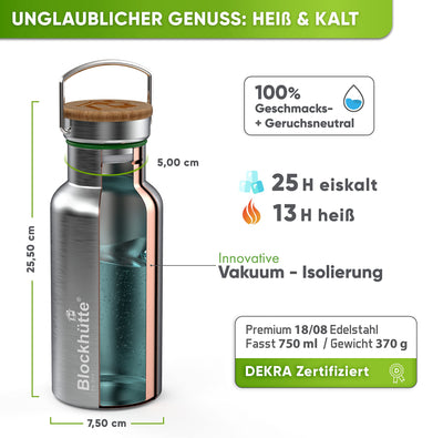 Blockhütte Premium Edelstahl Trinkflasche isoliert I 750ml I mit Naturborsten Bürste I Isolierflasche auslaufsicher I Wasserflasche spülmaschinenfest für Sport & Freizeit I BPA Frei