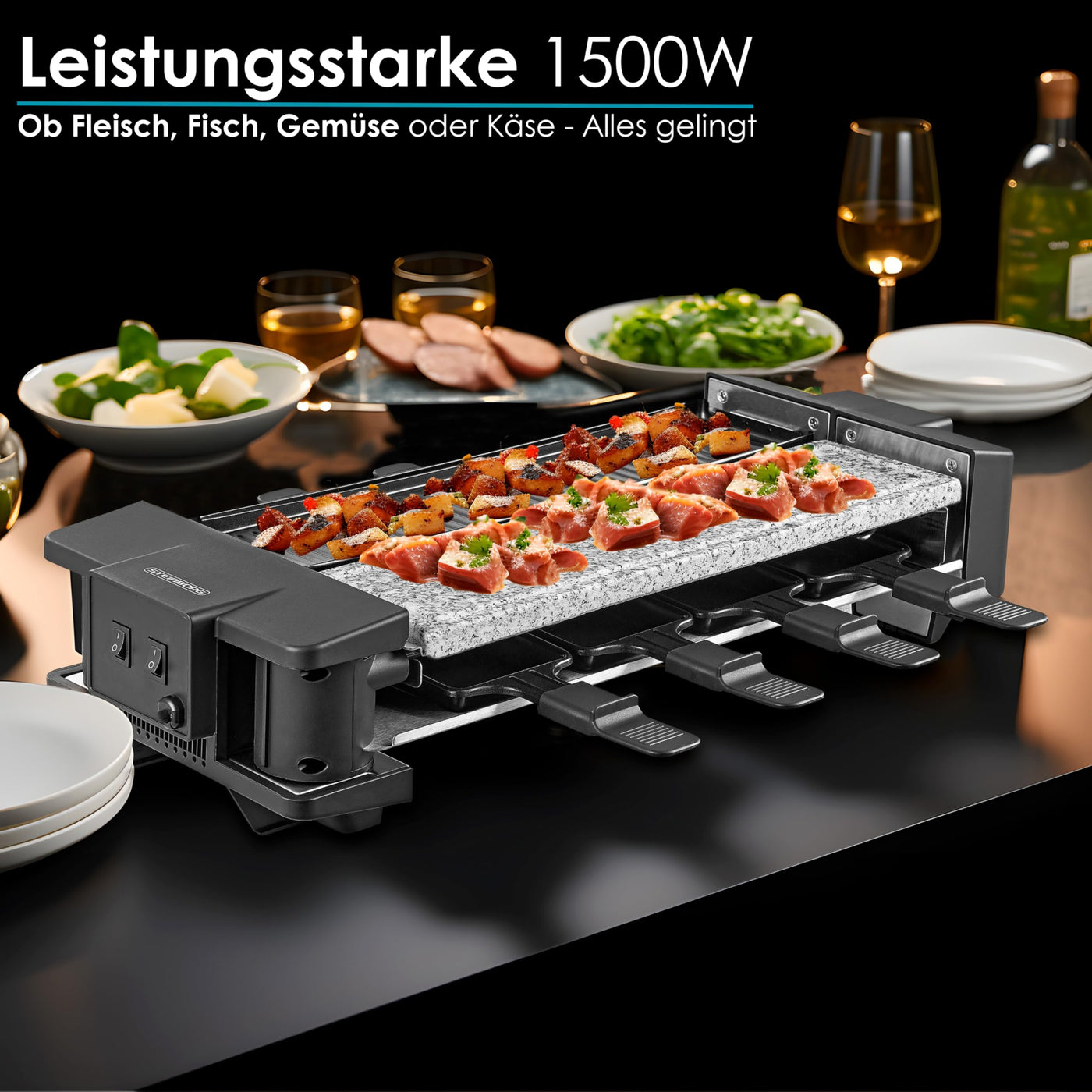 Steinborg Raclette Grill 2in1 8 Personen Raclette Gerät Raclettegrill Party Grill Elektro Grill Tischgrill Massive Naturstein- und beschichtete Grillplatte Heizelement aus Edelstahl 180° rotierbar