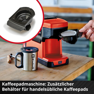 Einhell Akku-Kaffeemaschine TE-CF 18 Li-Solo Power X-Change (18 V, 240 ml Wasserbehälter, für Filterkaffee & Kaffeepads, Tragegriff, inkl. Kaffeetasse mit Deckel, ohne Akku)