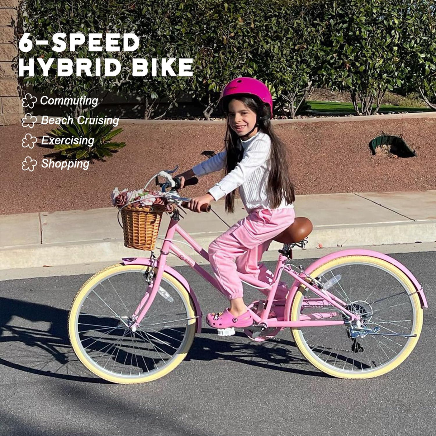 Glerc Missy 20" Zoll Mädchen Cruiser Kinder Fahrrad 6-Gang Teen Hybrid City Fahrrad für Jugend Alter 6 7 8 9 10 11 12 Jahre alt mit Weidenkorb & Leichtgewicht,Rosa