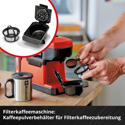 Einhell Akku-Kaffeemaschine TE-CF 18 Li-Solo Power X-Change (18 V, 240 ml Wasserbehälter, für Filterkaffee & Kaffeepads, Tragegriff, inkl. Kaffeetasse mit Deckel, ohne Akku)