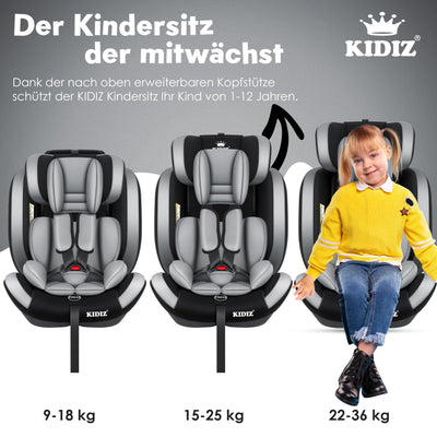 KIDIZ® Autokindersitz Kinderautositz mit Isofix Gruppe 1+2+3 9-36 kg 5-Punkt-Sicherheitsgurt, Autositz, Kindersitz, Einstellbare Kopfstütze | Mitwachsende Sitzerhöhung 1-12 Jahre, Stabil und Sicher