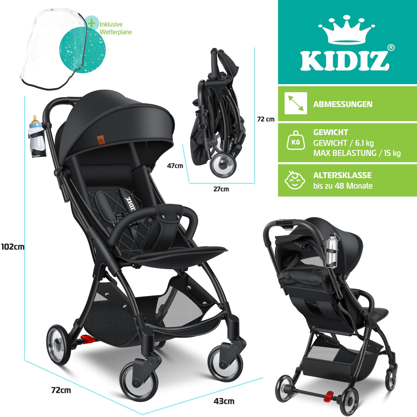 KIDIZ® Kinderwagen Premium Kinderbuggy klappbar Liegebuggy Sportwagen Faltbar 360°Räder 5-Punkt Gurt Inkl. Getränkehalter & Regenabdeckung, verstellbare Rückenlehne & Sonnenverdeck Schwarz