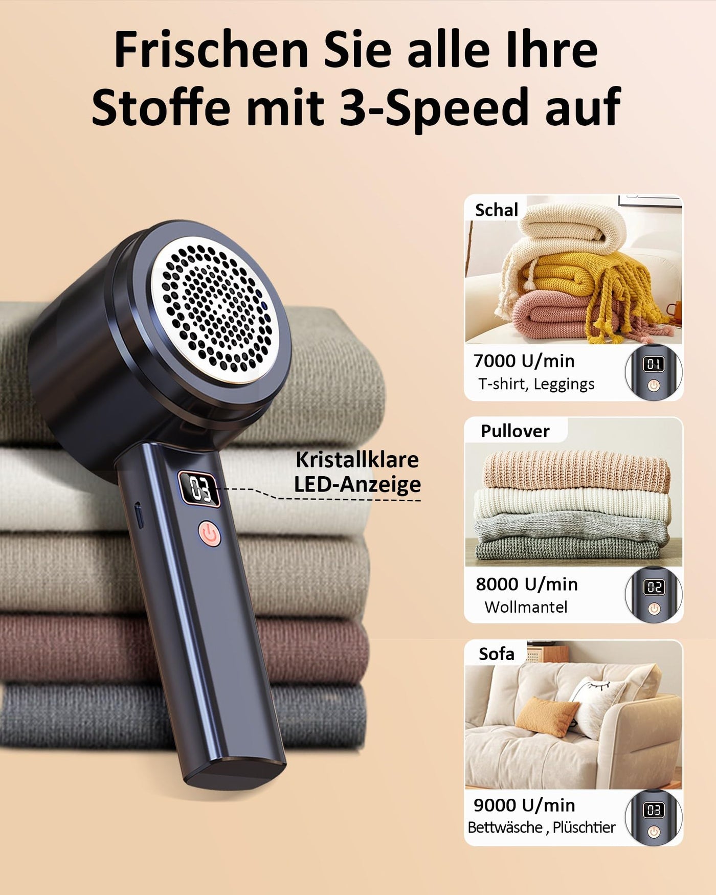 2000mAh Fusselrasierer Elektrisch Tragbarer Stoffrasierer,Einstellbare 3 Geschwindigkeit,6-Blatt-Klingen,LED-Anzeige Fusselentferner Type-C-Ladekabel Fuselrasier für Verschiedene Stoffe,Kleidung,Möbel