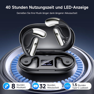 EUQQ Bluetooth Kopfhörer Sport, Open Ear Kabellos Kopfhörer Bluetooth 5.4 mit Ohrhaken, 40 Stunde Spielzeit mit LED-Anzeige, HiFi Stereo Ohrhörer mit HD Mic, Touch Control, IP7 Wasserdicht Ohrhörer