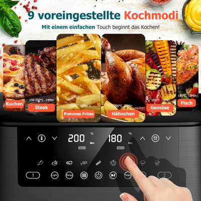 Dual Zone Heißluftfritteuse mit Sichtfenster, 9L XL Kapazität Doppel-Airfryer, 2 Schubladen, 9-in-1 Kochvorgaben, Touchscreen, Smart und Timer-Funktion, Gesunde Friteuse ohne Öl und fettarmes Kochen