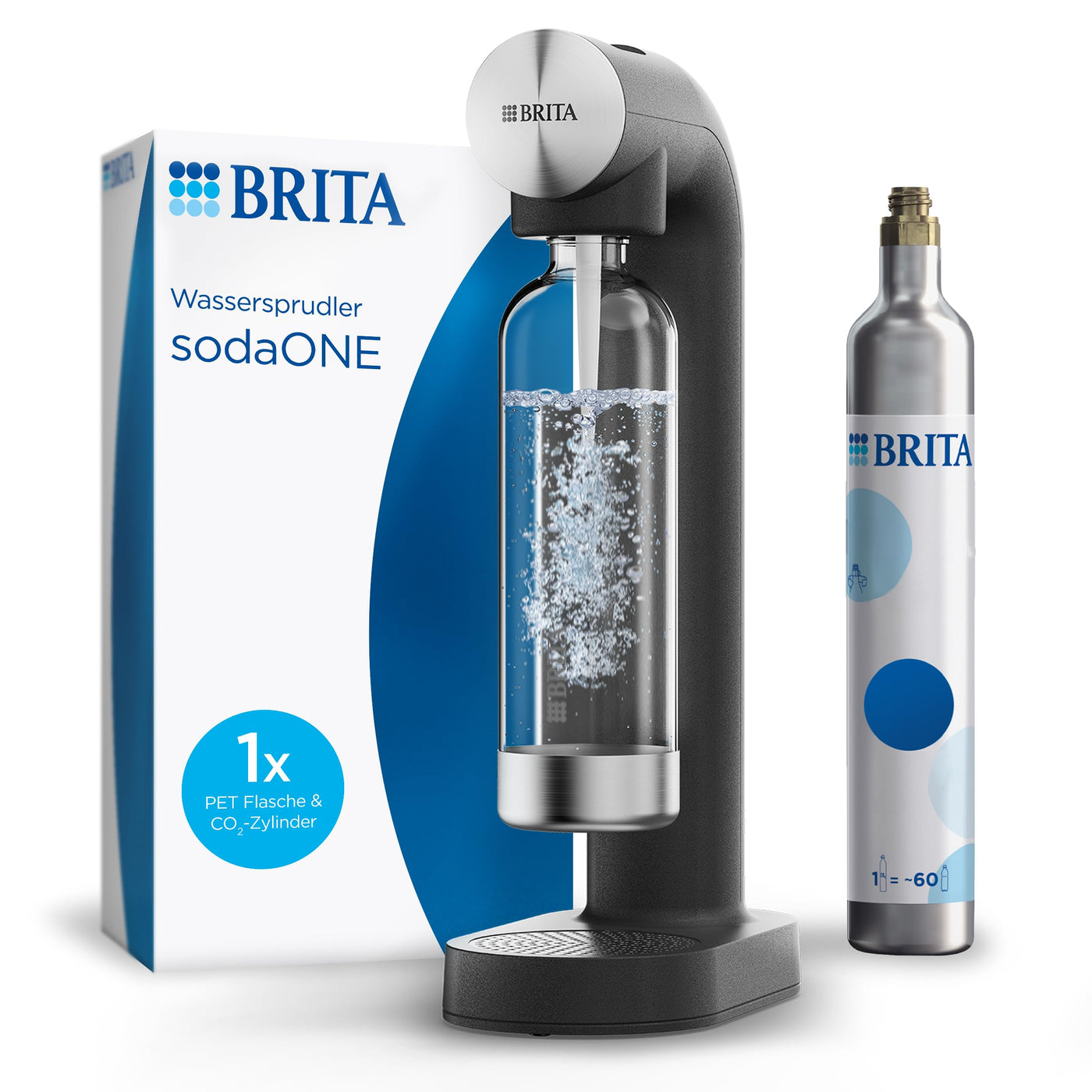 BRITA Wassersprudler sodaONE (schwarz) inkl. CO₂-Zylinder und BPA-freier PET-Flasche | Macht aus Trinkwasser spritziges Sprudelwasser (bis zu 60l pro Zylinder) – Trinkwassersprudler für zuhause