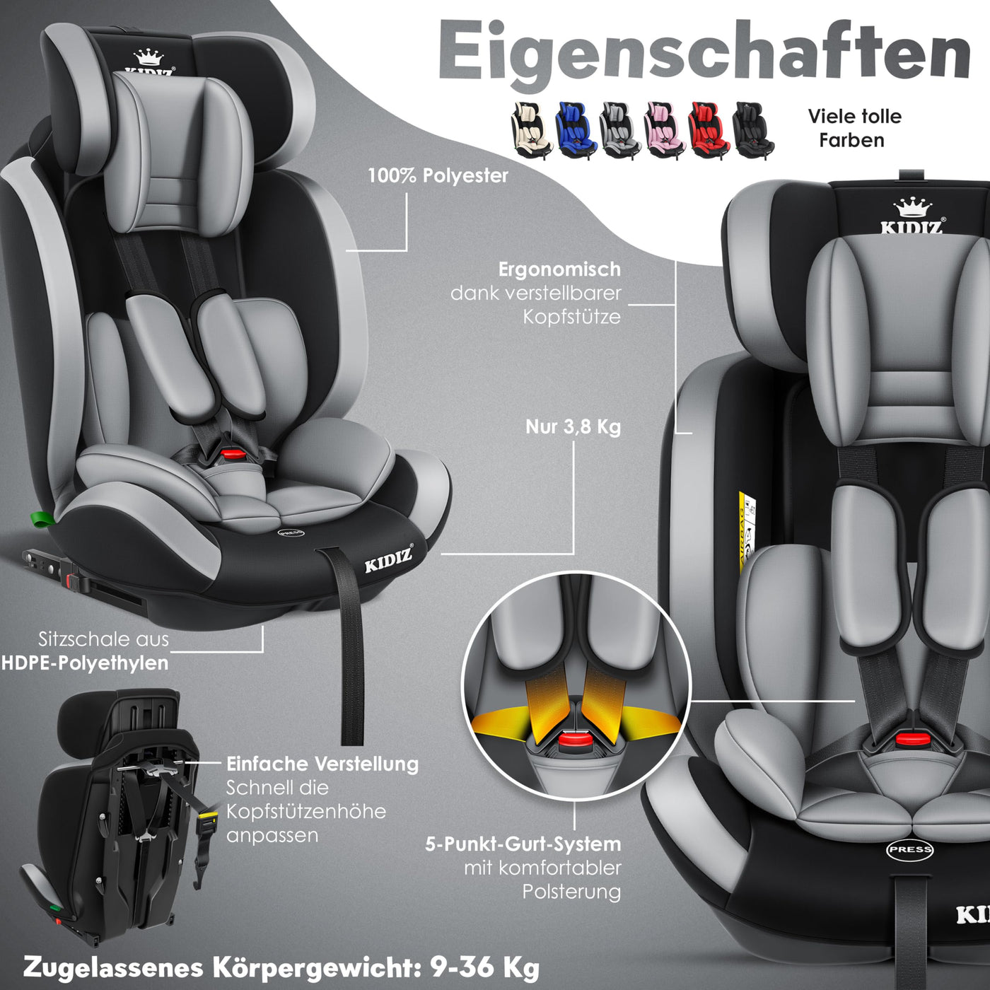 KIDIZ® Autokindersitz Kinderautositz mit Isofix Gruppe 1+2+3 9-36 kg 5-Punkt-Sicherheitsgurt, Autositz, Kindersitz, Einstellbare Kopfstütze | Mitwachsende Sitzerhöhung 1-12 Jahre, Stabil und Sicher