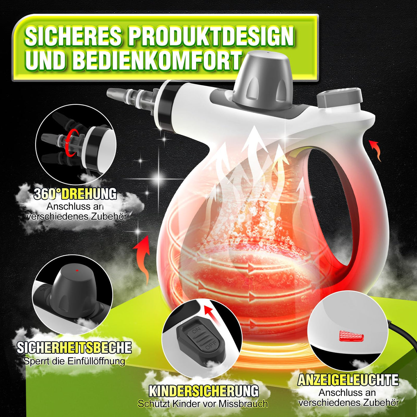 Dampfreiniger, 1050W Dampfreiniger Polstermöbel mit 11 Zubehör, 3,5 bar Chemikalienfrei Dampfreiniger Handgerät mit 350 ml, 110℃ Dampfreiniger für Alles Möbel, Teppiche, Badezimmer, Sofa, Boden