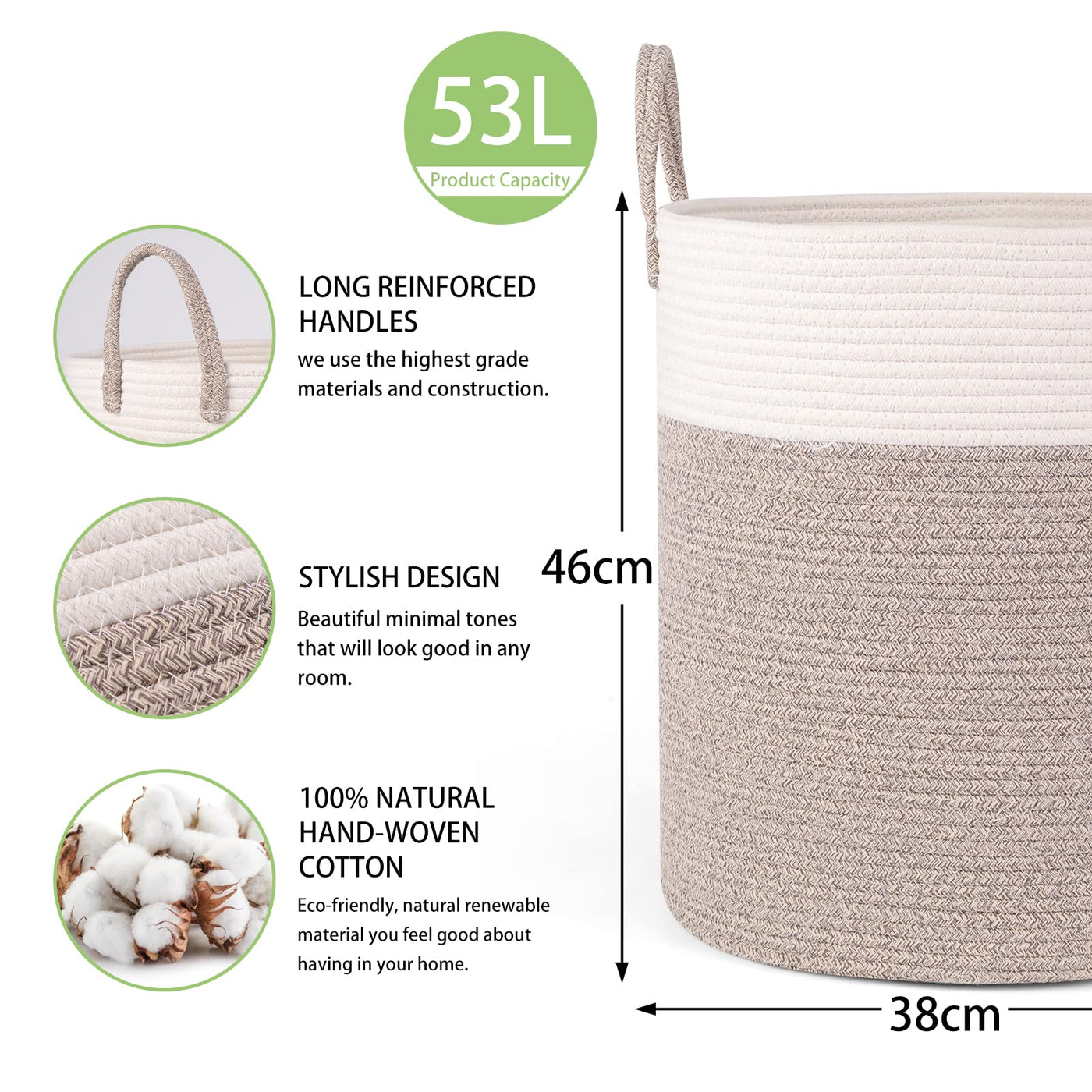 Panier à linge tissé en coton VORHOT, 53 L, panier à linge avec poignée, panier de rangement pour jouets, panier à linge pour buanderie, chambre d'enfant, salon, salle de bain, 46 x 38 cm