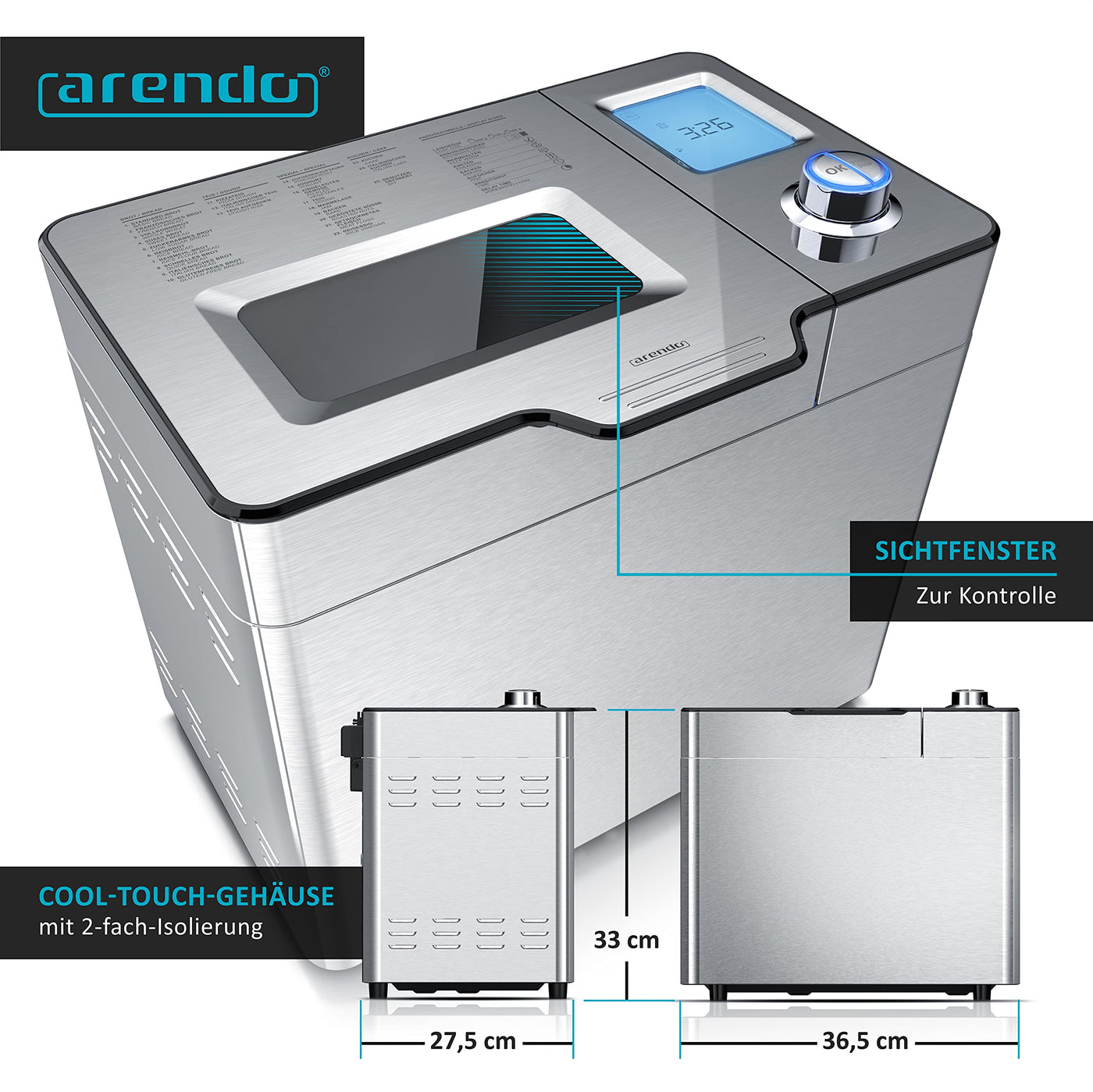 Arendo - Brotbackautomat inkl. automatisches Zutatenfach - Brotbackmaschine - 25 Programme - glutenfreies Backen – Joghurtfunktion - 1 kg Kapazität - Direktantrieb - Antihaftbeschichtung - BPA-frei