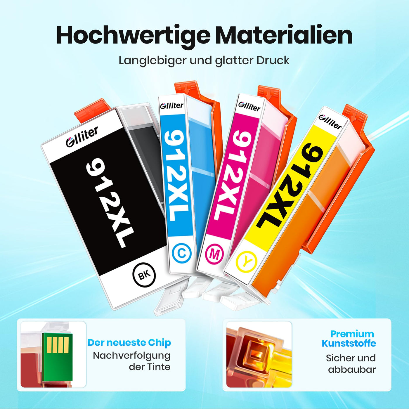 Glliter 912 XL für HP 912 Druckerpatronen für HP 912 XL für HP 912XL Multipack Kompatibel mit HP OfficeJet Pro 8022 8020 8024 Officejet 8012 8010 8014 Patronen (Schwarz Cyan Magenta Gelb, 4er-Pack)