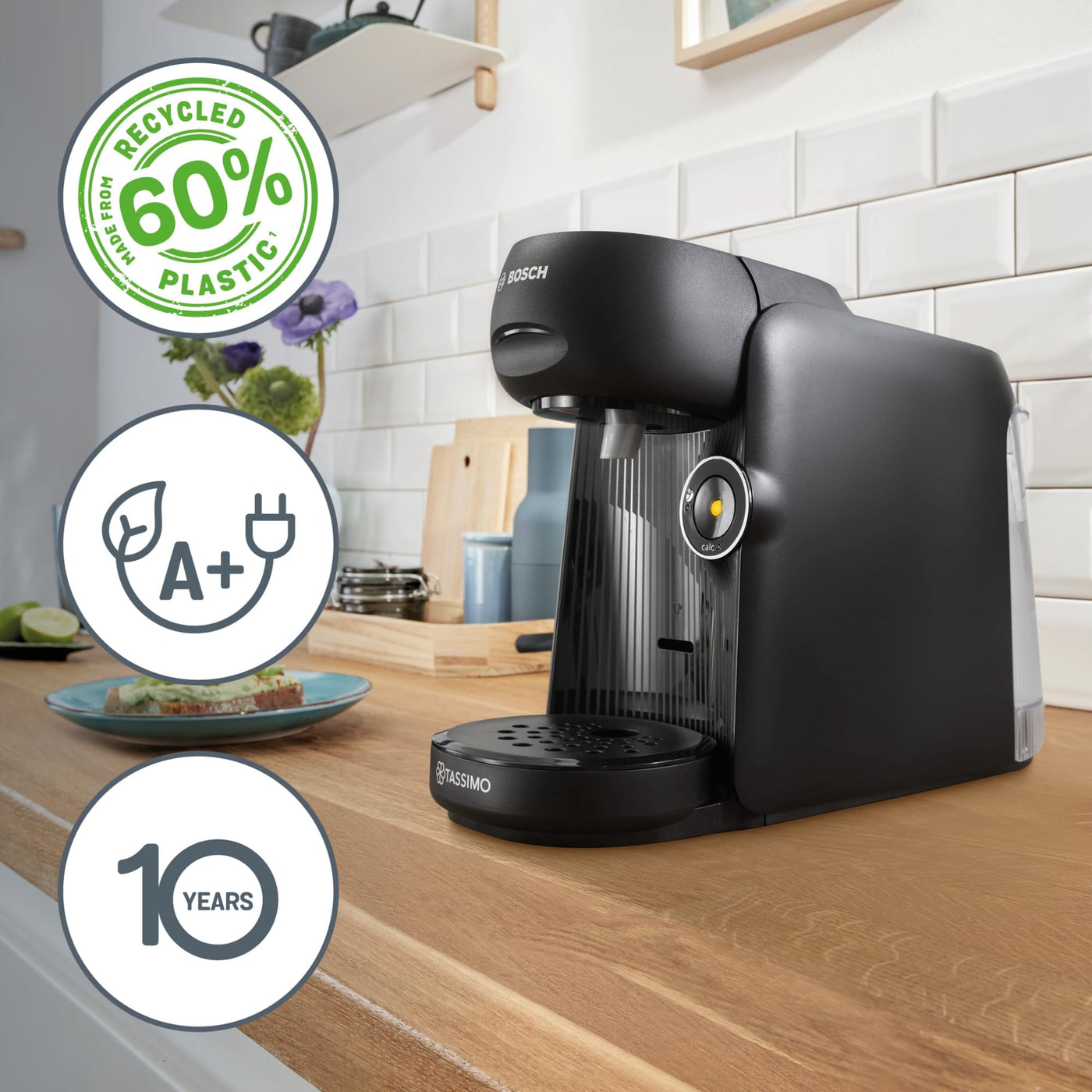 Bosch Tassimo finesse friendly Kapselmaschine TAS162E, 70 Getränke, intensiverer Kaffee auf Kopfdruck, Abschaltautomatik, nachhaltig, perfekt dosiert, 1400 W, schwarz/schwarz