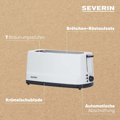 SEVERIN Automatik-Langschlitztoaster, 4 Toast, Automatik-Toaster mit Brötchenaufsatz, Edelstahl Toaster zum Toasten, Auftauen und Erwärmen, 1.400 W, weiß / grau, AT 2234