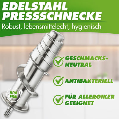 GREEN-PRESS EDELSTAHL Slow Juicer 304 Edelstahl Schnecke BPA-frei I DEUTSCHE MARKE I Ganze Früchte Sellerie Gemüse und Obst Entsafter Testsieger 2023 Allrounder Saftpresse elektrisch