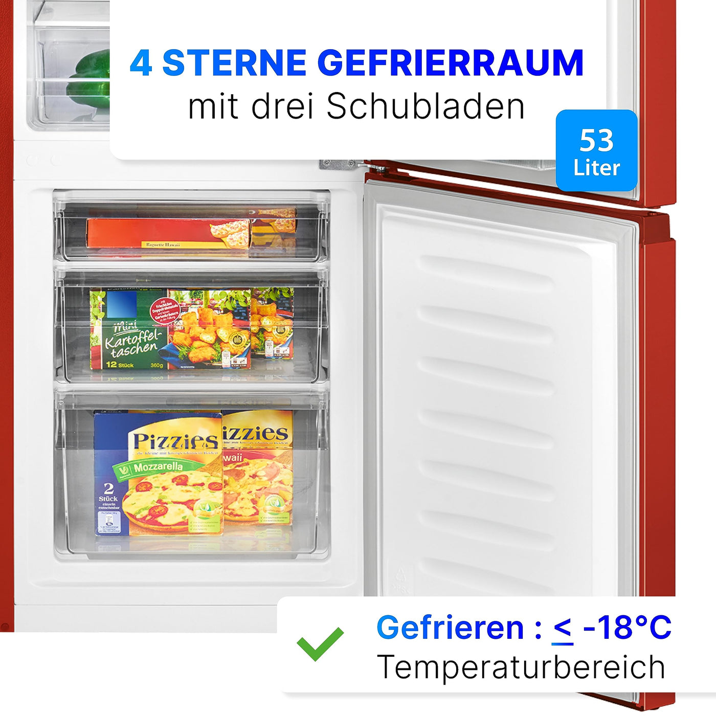 Bomann® Kühlschrank mit Gefrierfach 143cm hoch | Kühl Gefrierkombination 175L mit 3 Ablagen & 3 Schubladen | Türanschlag wechselbar | leise Kühlgefrierkombi 39db | Kühlschrank KG 320.2 rot