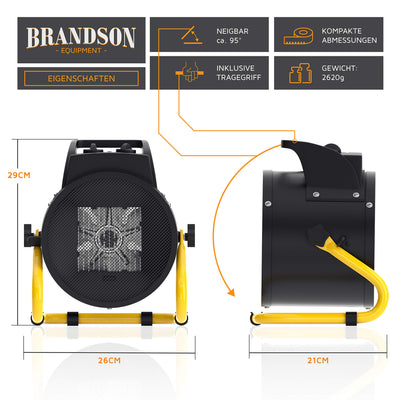 Brandson - Heizlüfter 3000 Watt - Keramik Heizstrahler - Bauheizer Bautrockner - Turbo Elektroheizgebläse mit Überhitzungsschutz - extra Stark - 2 Heizstufen - für Baustelle Haus Werkstatt Garage