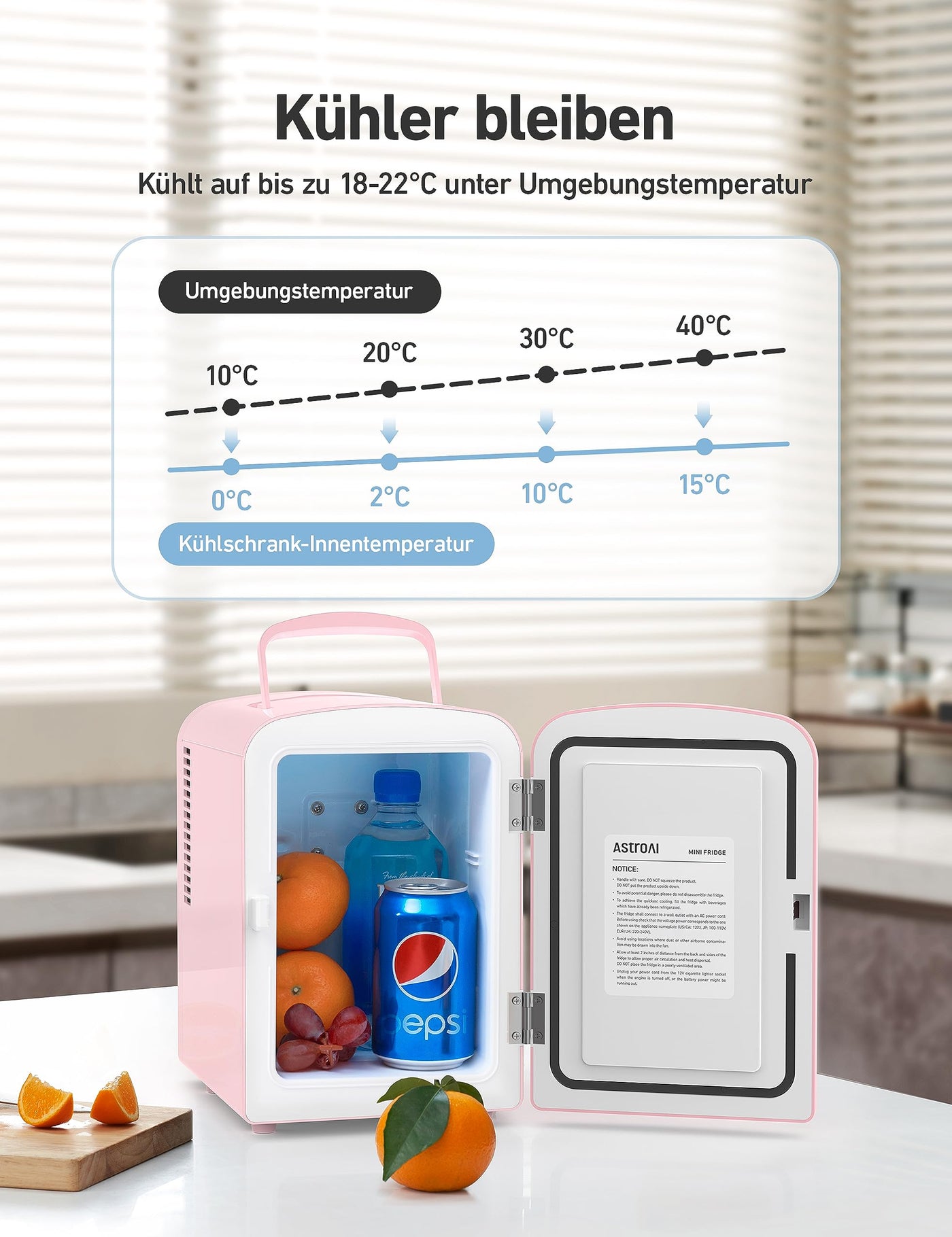 AstroAI Mini Kühlschrank 4 Liter, Kleiner Kühlschränk für Kosmetik und Getränke, Mini-Kühlschränke mit 220V AC/12V DC für Autos, Büros, Wohnheim, Reisen, Rosa