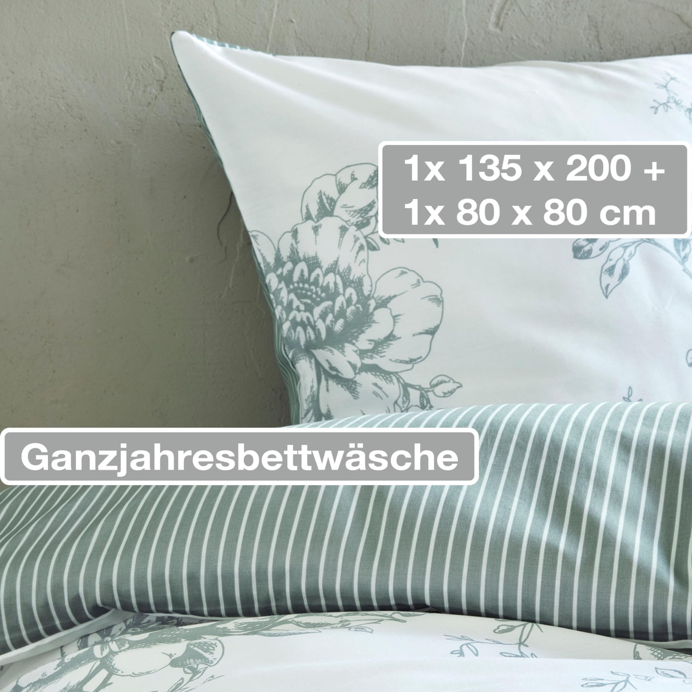 Zeitgeist Cholet Bettwäsche 135x200 cm - 100% Baumwolle, Reißverschluss, 2tlg Bettwäsche Set Blumen grün weiß