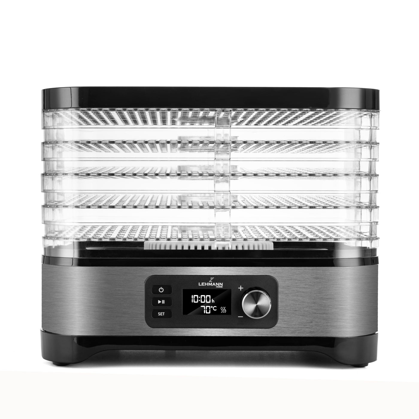 Lehmann LHOFD-4525 Dörrautomat Edelstahl 450W | Dörrgerät für Lebensmittel mit 5 Dörrebenen | Dehydrator mit Temperaturregler 35-70°C | Trockner für Obst, Pilze, Fleisch, Kräuter, BPA frei