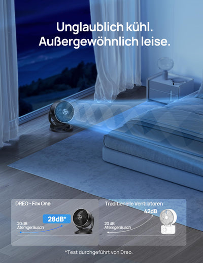 Dreo 28dB Leiser Tischventilator, 21M Windentfernung Ventilator mit Kühlung 3-Geschwindigstufe 120° verstellbar Neigungswinkel Turbo-Luftzirkulator, geeignet für Schlafzimmer Büro, Fox One, Schwarz