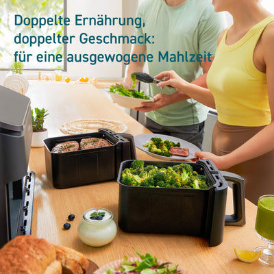 COSORI Heißluftfritteuse 2 Kammern Airfryer, 8-in-1 Dual Zone Air Fryer XXL 8,5 L, Heissluftfritteuse Doppelkammer mit Sichtfenster für ausgewogene Mahlzeit, 50 Rezepte, energiesparend, 1-5 Personen