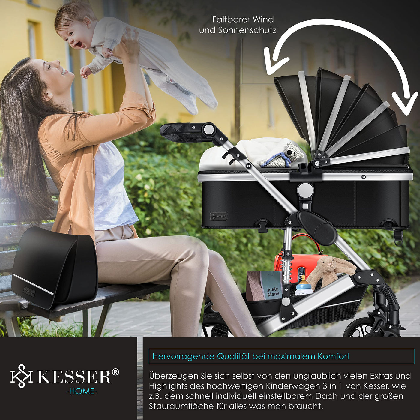 KESSER® Loops 3 in 1 Kinderwagen Kombikinderwagen Komplett-Set inkl. Babywanne & Buggy Sportsitz & Auto-Babyschale Voll-Gummireifen Wickeltasche Regenschutz Kindertisch ECE R129, Schwarz/Silber