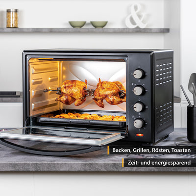 TZS Minibackofen mit Umluft 45l - Minibackofen 2000 Watt zum Kochen, Backen & Hähnchengrill - Temperaturregler 100-230°, energieeffizient, optimal für Miniküche, Camping, Apartment - inkl. Zubehör