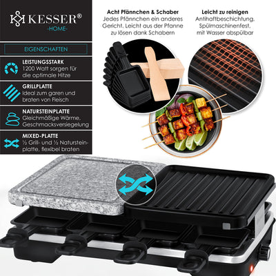 KESSER® Raclette-Grill mit Naturgrillstein, Grillplatte Tischgrill für 8 Personen, Elektrogrill Raclette Grill antihaftbeschichteter Grillplatte, 8 Pfannen und Holzspatel 1200W