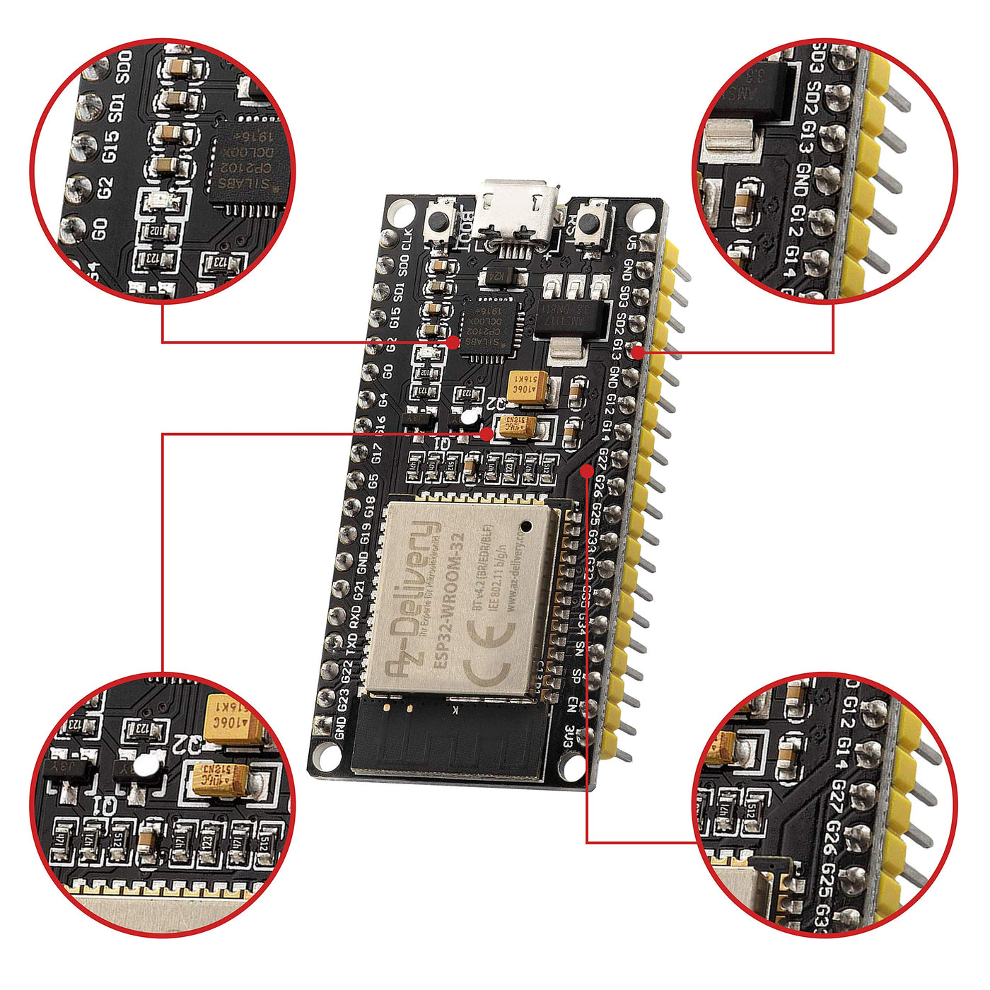 AZDelivery 5 x ESP32 NodeMCU Module WLAN WiFi Dev Kit C Development Board mit CP2102 (Nachfolgermodell zum ESP8266) kompatibel mit Arduino und inklusive E-Book!…