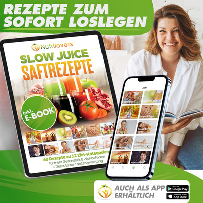 Extracteur de jus de fruits et légumes Nutrilovers Slow Juicer - Marque allemande - Design compact en acier inoxydable, 100 % sans BPA, facile à nettoyer - Livre électronique de recettes + application Nutri-App inclus