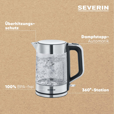 SEVERIN Glas-Wasserkocher mit 1.7L XXL-Füllvolumen, leistungsstarker und kompakter Wasserkocher in hochwertigem Deisgn, elektischer Wasserkocher mit Kalkfilter, 2200 Watt, Glas-Edelstahl, WK 3420