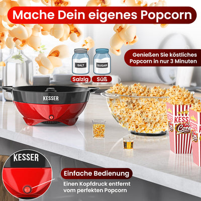 KESSER® Popcornmaschine Groß 800W | Popcorn-Maker 5,5l Inhalt mit Antihaftbeschichtung Deckel & Servierschale | für Öl Butter Zucker Stille & Schnelle inkl. abnehmbarer Heizfläche