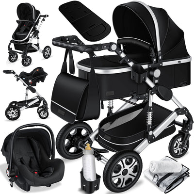 KESSER® Loops 3 in 1 Kinderwagen Kombikinderwagen Komplett-Set inkl. Babywanne & Buggy Sportsitz & Auto-Babyschale Voll-Gummireifen Wickeltasche Regenschutz Kindertisch ECE R129, Schwarz/Silber