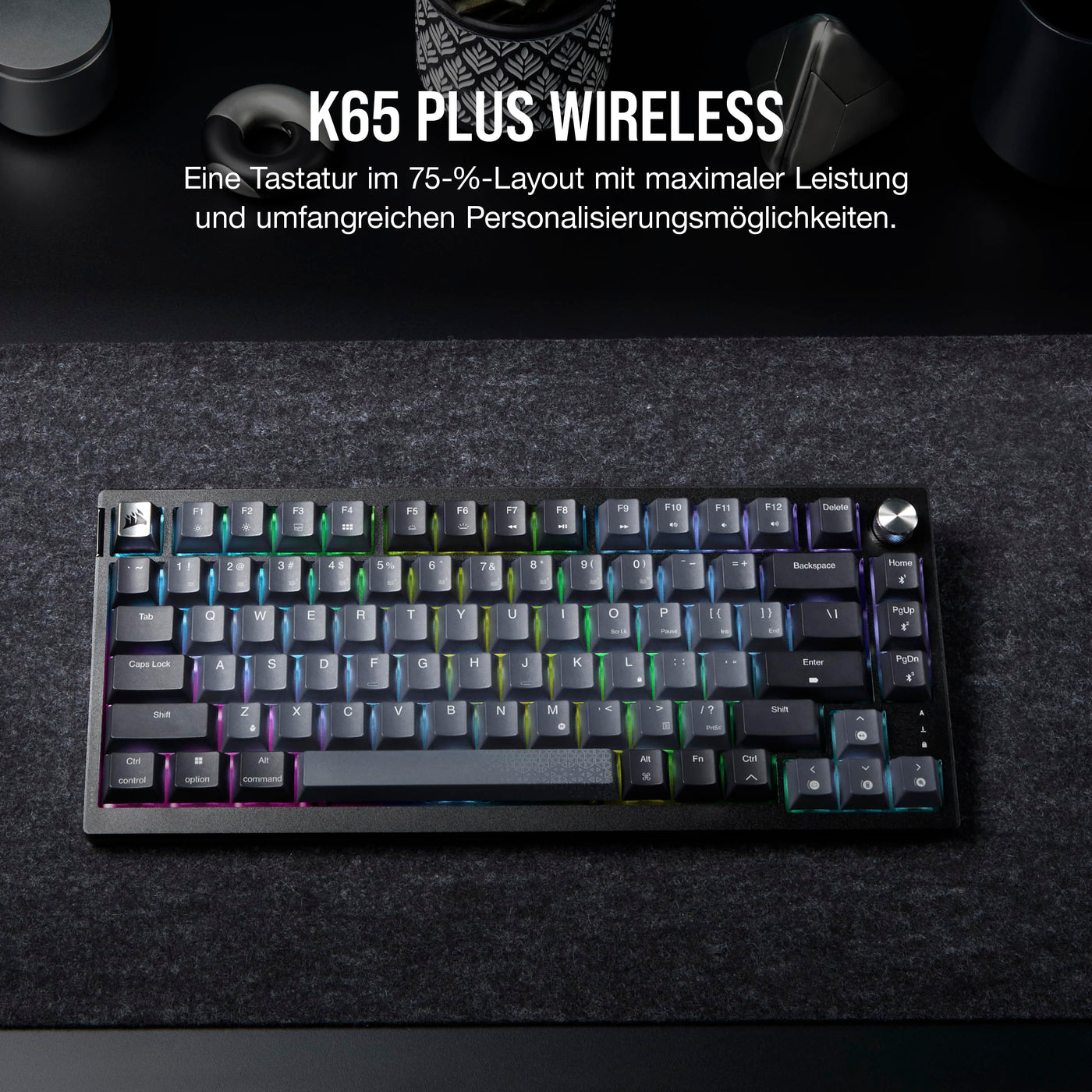 CORSAIR K65 Plus Wireless 75% RGB Hot-Swap-Fähige Mechanische Gaming-Tastatur - Vorgeschmierte MLX Red Linear Switches - Dual-Layer Sound Dampening - PBT Keycaps - QWERTZ DE - Schwarz