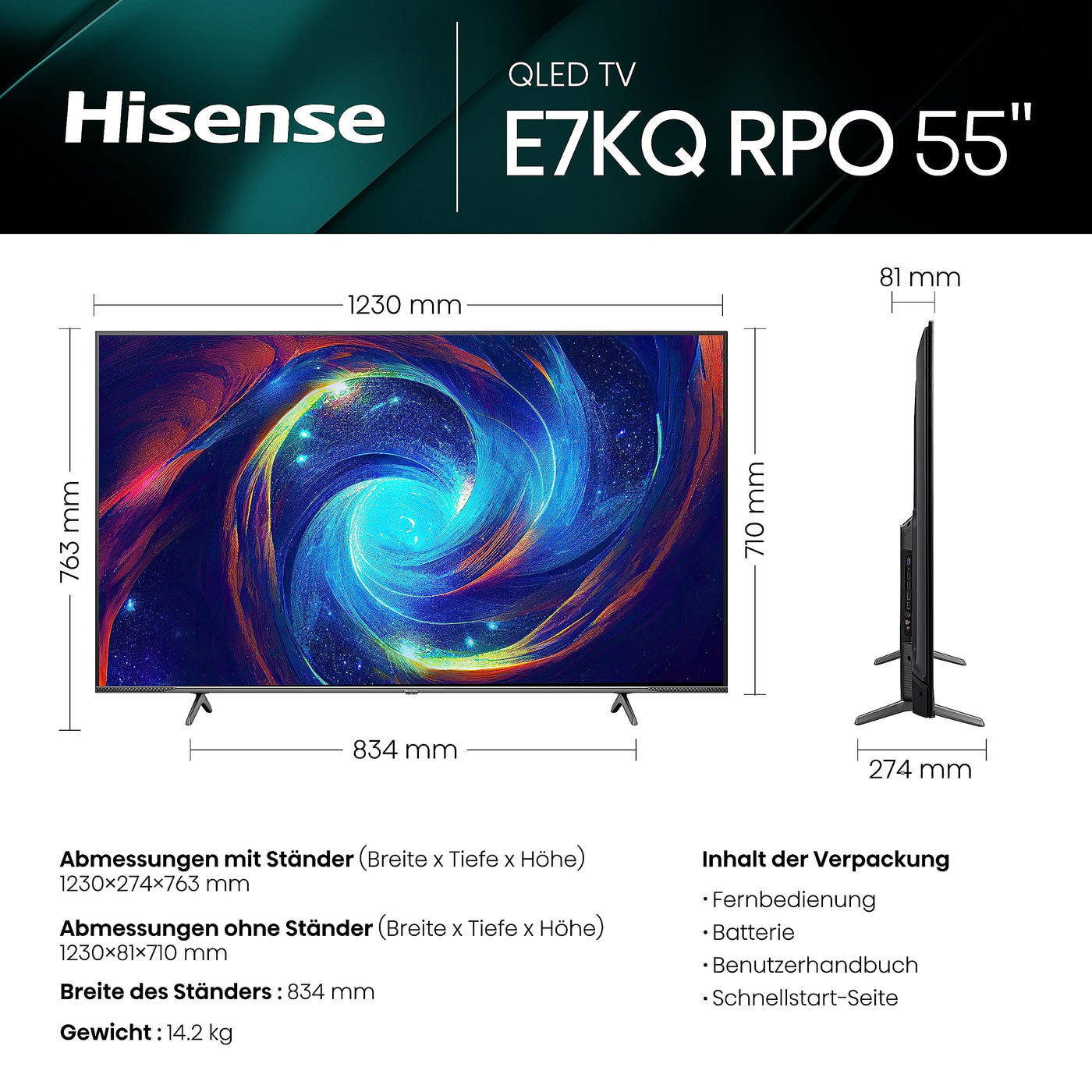 Hisense 55E7KQ PRO 139cm (55 Zoll) Fernseher, 4K UHD, QLED, Smart TV, HDR, Dolby Vision IQ, 144Hz (VRR), HDMI 2.1, Game Mode PRO, Triple Tuner, Alexa Built-In, Dolby Atmos, Dunkelgrau [2023]