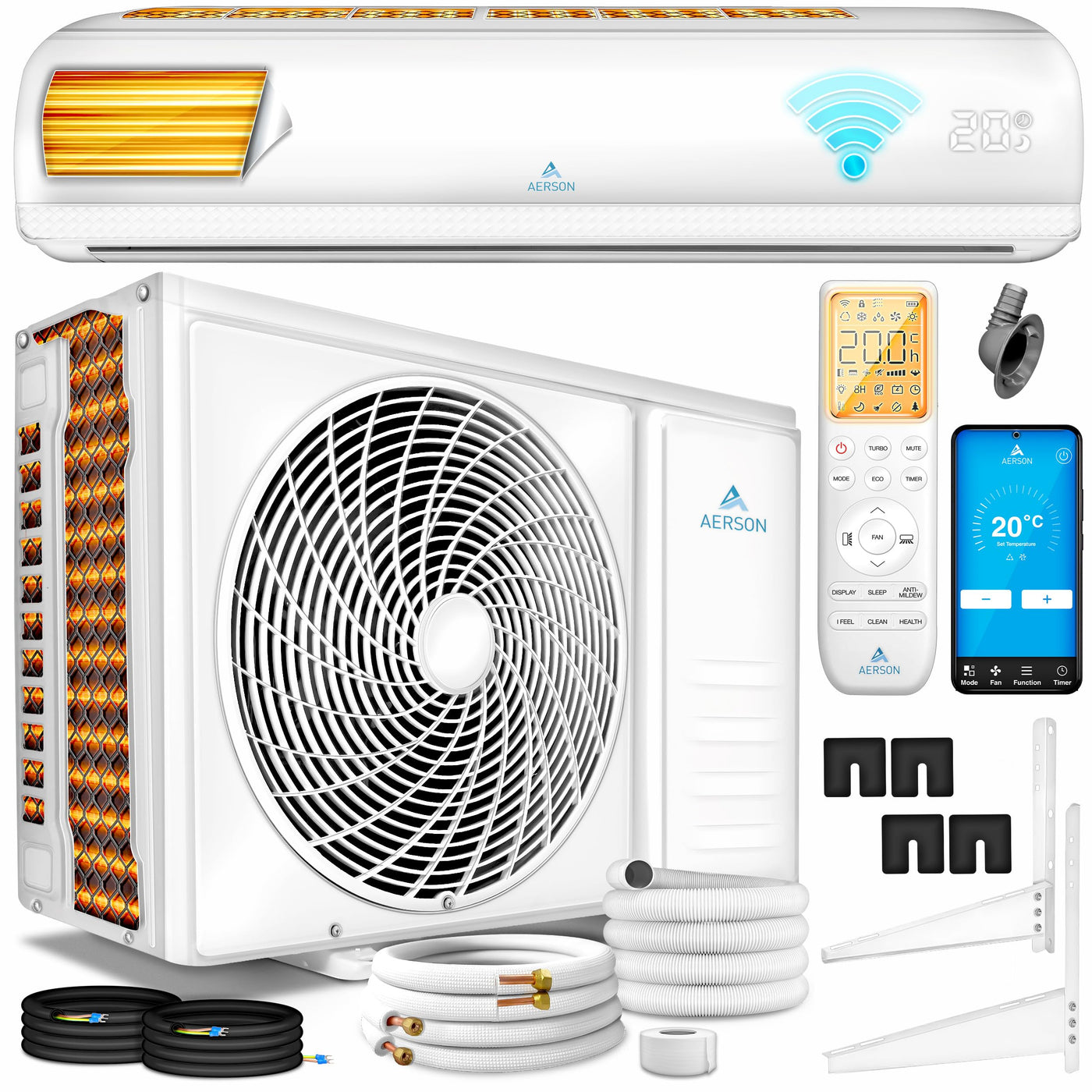 AERSON® Klimaanlage Split Set mit WiFi/App Funktion | Klimagerät Kühlen A++/ Heizen A+ - 12000 BTU/h (3500 Watt) Kältemittel R32 | Wandklimagerät Splitgerät Fernbedienung, Timer & Montagematerial