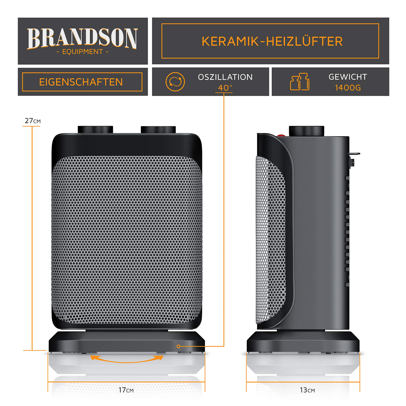 Brandson - Heizlüfter mit zwei Leistungsstufen - Badezimmer energiesparend leise - stufenlose Temperaturregelung - Keramik Heizelement - Thermosicherung - Heizung Heater - Cool Grey Design