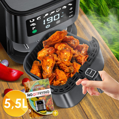 KESSER® XXL 5,5 Liter Heißluftfritteuse Edelstahl | inkl.Brotbackkorb | 1700W Friteuse Fritteuse Airfryer | Touch Display | 8 Programmen | ohne ÖL | Backofen | Heißluft | Grill | Fettfrei Schwarz