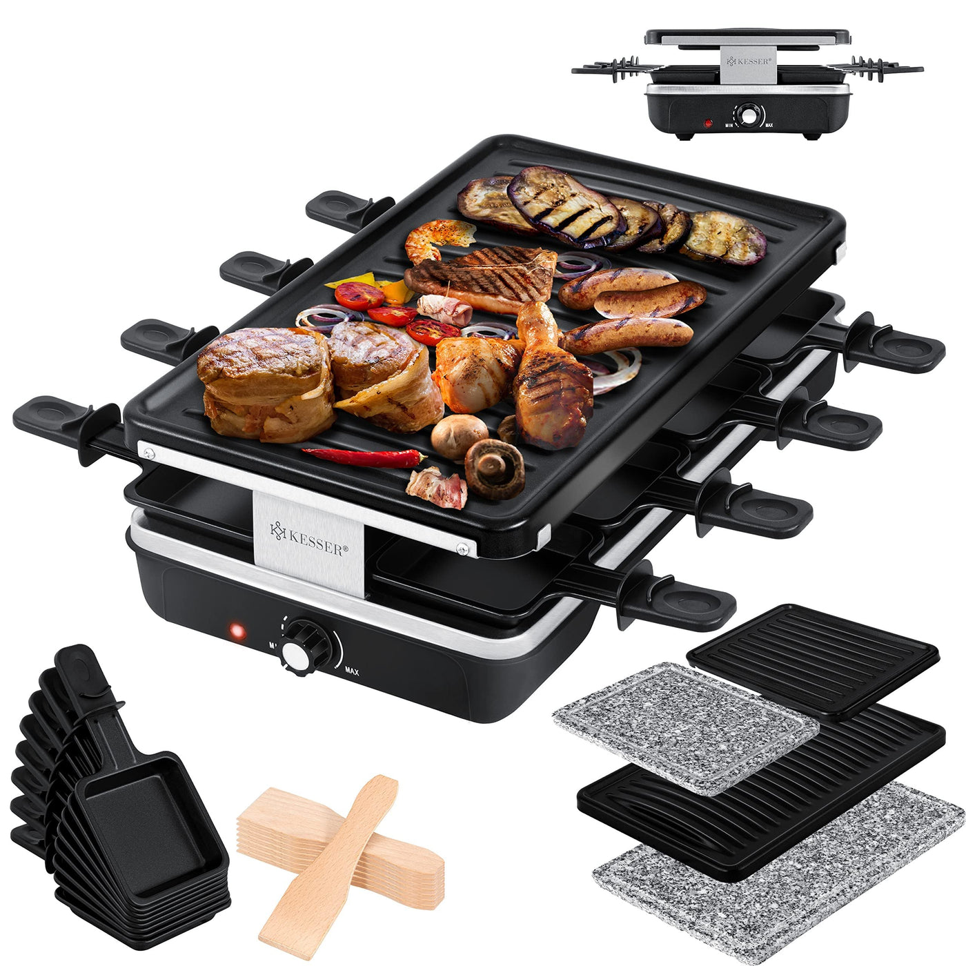 KESSER® Raclette-Grill mit Naturgrillstein, Grillplatte Tischgrill für 8 Personen, Elektrogrill Raclette Grill antihaftbeschichteter Grillplatte, 8 Pfannen und Holzspatel 1200W